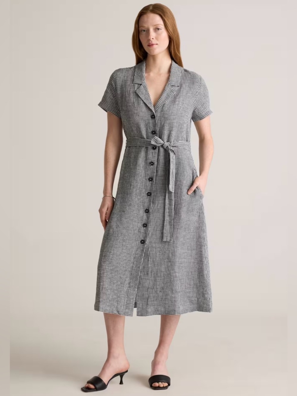 NWT Quince 100% European linen Gingham Button Front Midi Dress
